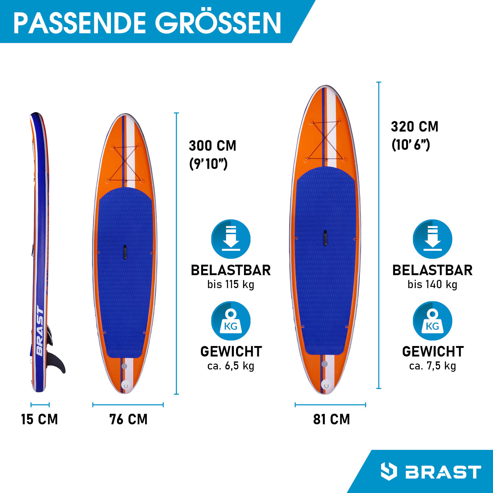 Stand Up Paddle Board Paddelbrett mit Tragetasche 320 x 76 x 15 cm  Hai-Muster Orange + Weiß